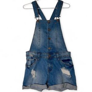 Distressed denim overall shorts